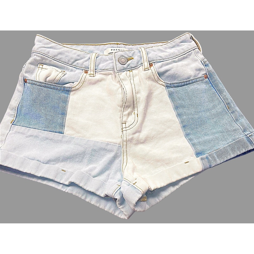 Pacsun Mom Shorts Womens 25 Patchwork Denim High Rise Cuffed Blue White Y2K Comf